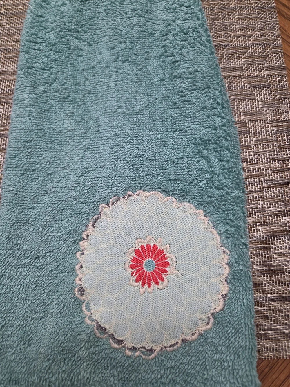 Turquoise Hanging Kitchen Towel with Floral Appliqué